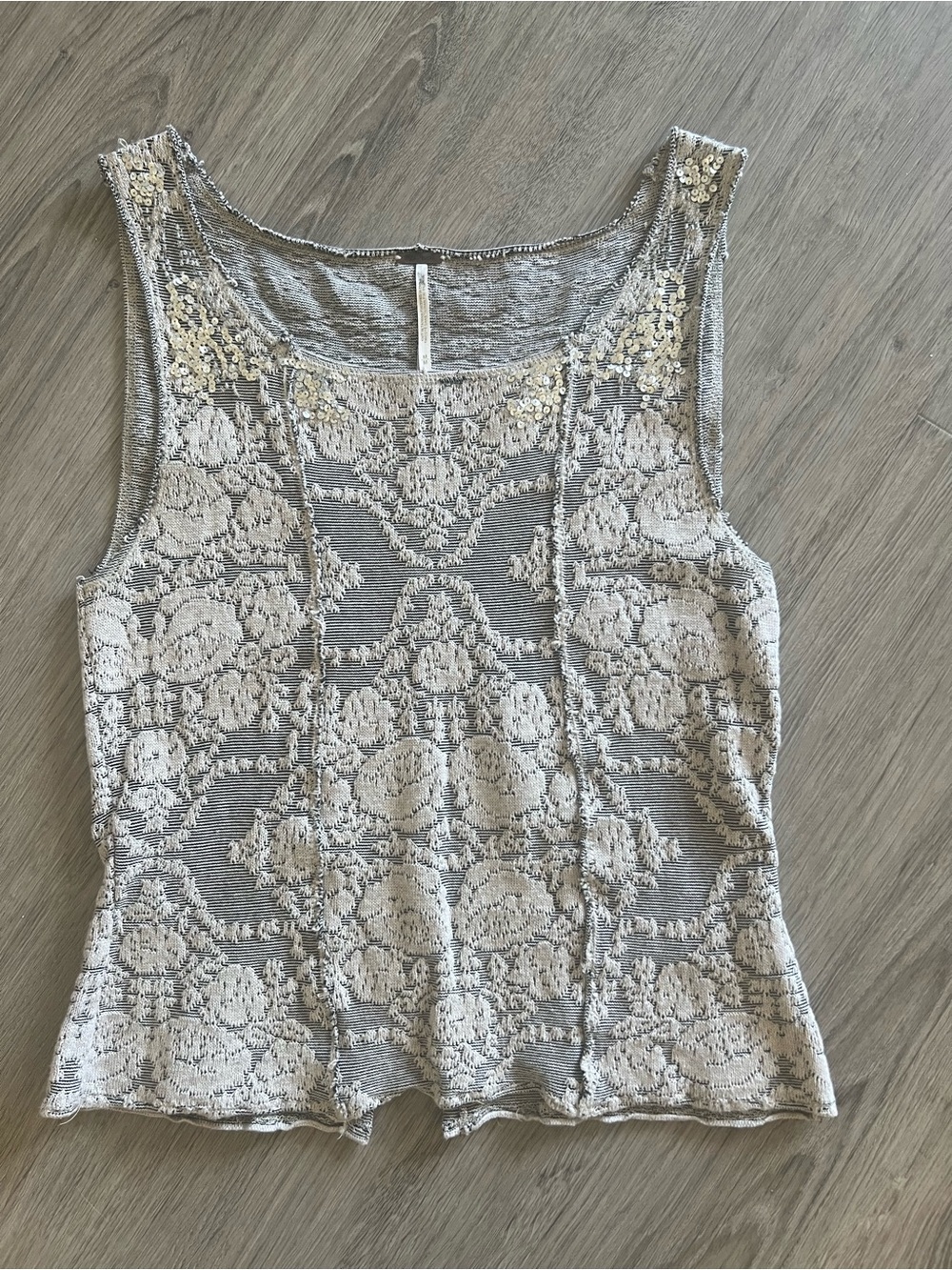 Free People Gray and Cream Lace-Overlay Tank Top